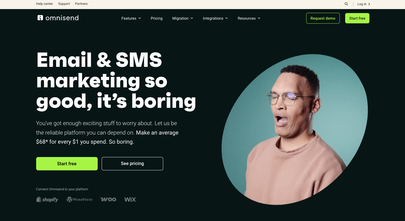 Omnisend homepage featuring tagline 'Email & SMS marketing so good, it’s boring' with a yawning man and CTA buttons to start free or view pricing.
