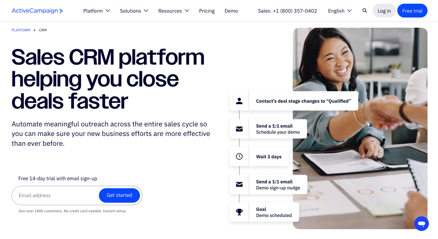 ActiveCampaign CRM homepage showing sales automation flow and smiling professionals shaking hands, with headline 'Sales CRM platform helping you close deals faster