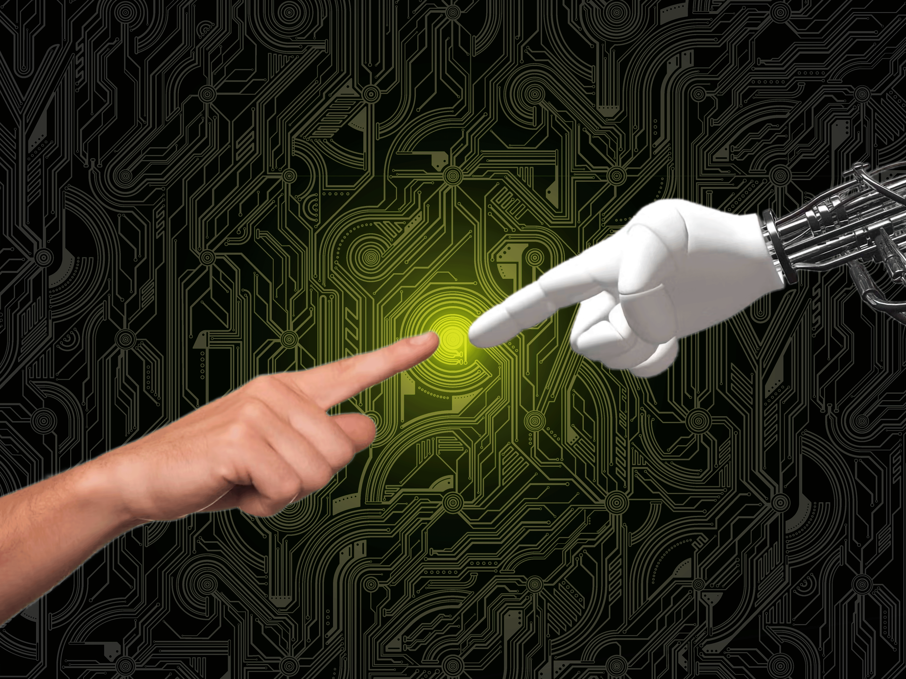 A human hand and a robotic hand reaching towards each other with fingertips almost touching, set against a glowing green digital circuit background.