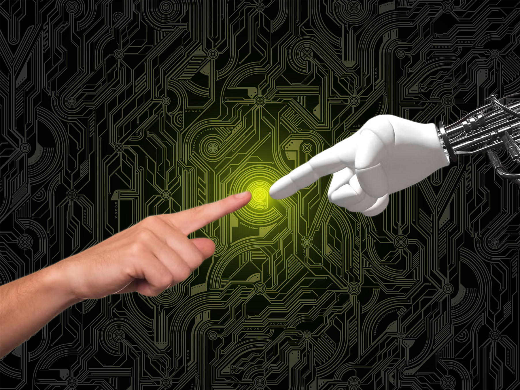 A human hand and a robotic hand reaching towards each other with fingertips almost touching, set against a glowing green digital circuit background.