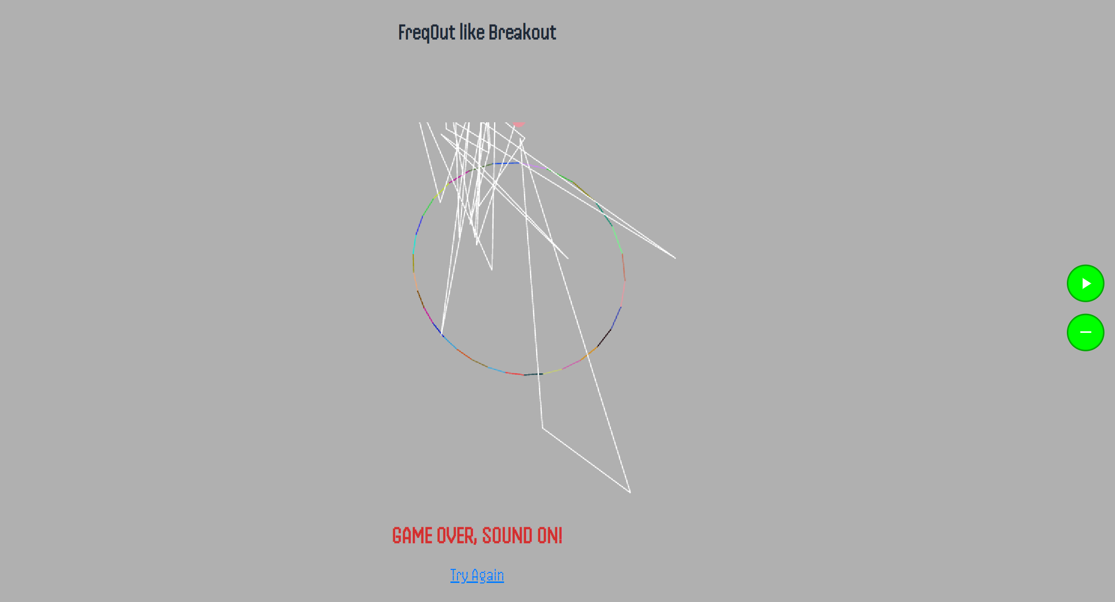 "FreqOut like Breakout" is a two-part generative system that turns your game performance into a one-of-a-kind audiovisual creation. First, you play a challenging, color-matching variant of the classic arcade game. Every successful hit is not just a point scored, but a piece of data recorded—forming a network of triangles based on your actions. When your game ends, the second phase begins: the screen transforms, and a 3D wireframe sculpture is built before your eyes, its shape dictated entirely by the triangles you created during gameplay. This sculpture then comes to life, playing a looping melody where the pitch and rhythm are a direct sonification of its unique geometry. Your game is the blueprint; the final piece is your personal work of art.