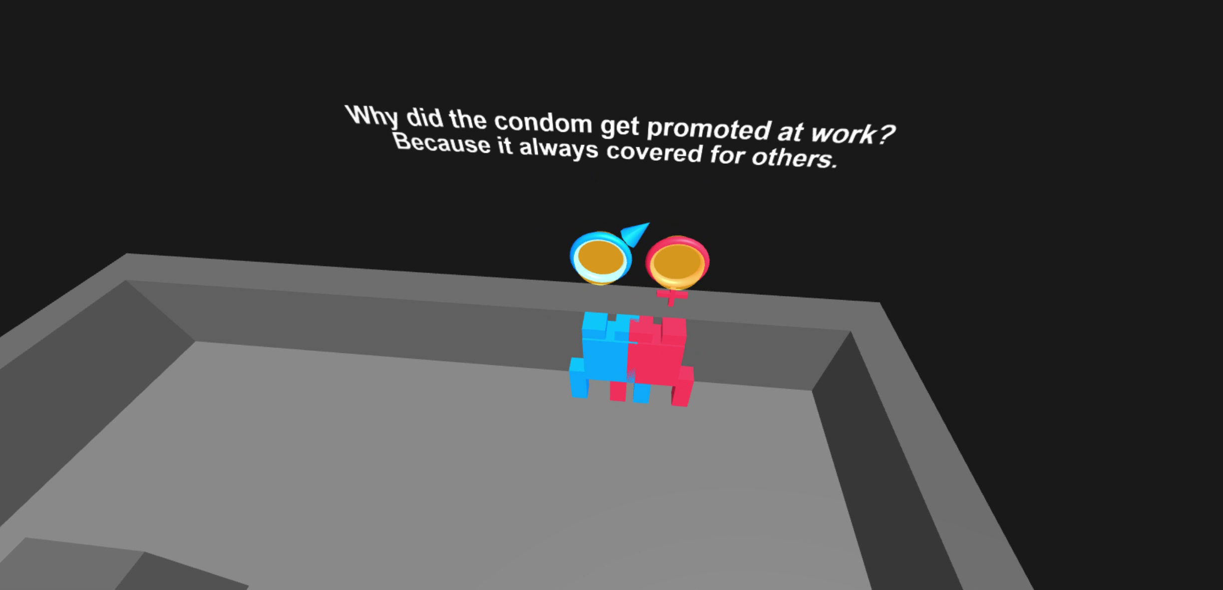 Condom Jokes is a metaphorical playground for two players. Each player controls an abstract character within a simple maze that reacts to their proximity. The maze is divided into invisible zones, each pre-determined to be either 'harmonious' or 'dissonant.' When the two characters meet, the nature of the zone dictates the outcome. A meeting in a dissonant zone results in discordant sounds and a sad expression from the maze itself. A harmonious encounter, however, is rewarded with pleasant chords, a smiling maze, and a lighthearted joke. It's an abstract exploration of connection, context, and communication, controlled with simple keyboard inputs.