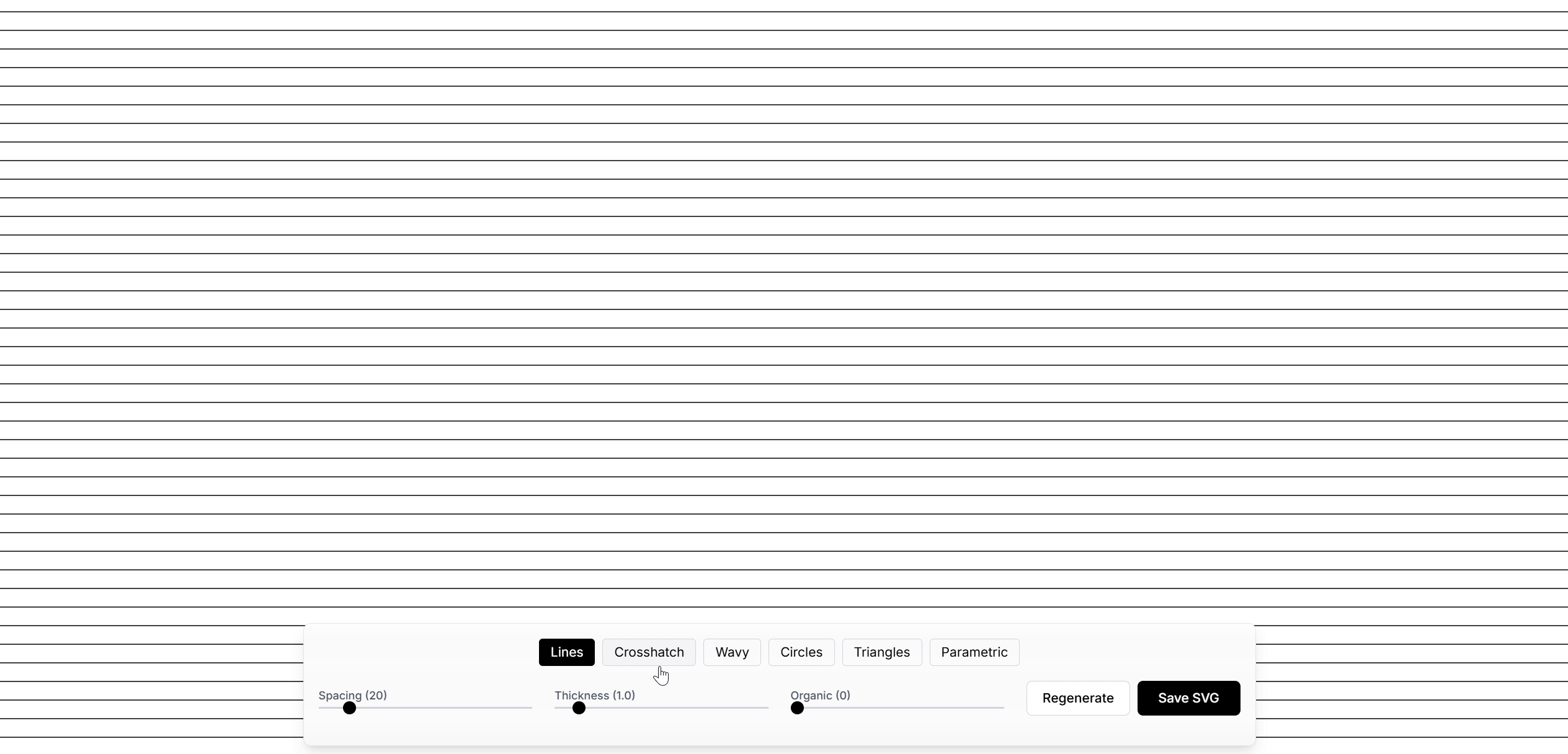 Generate beautiful, minimalist SVG patterns with our interactive tool. Customize lines, circles, triangles, and complex parametric curves. Adjust spacing, thickness, and organic variation in real-time, then download your creation as a clean SVG file. Perfect for designers and creative coders.