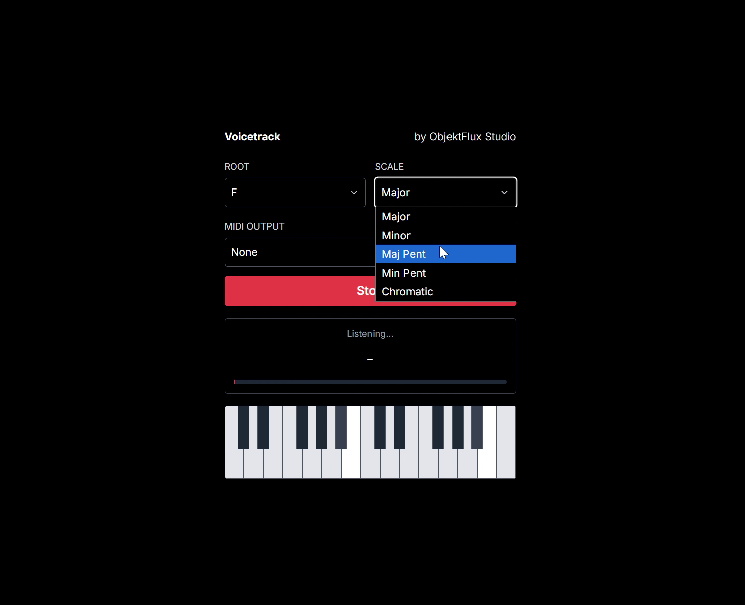 Control any MIDI instrument with your voice using Voicetrack. Our browser-based tool offers real-time pitch detection and snaps your vocals to a selected musical scale, sending clean MIDI notes to your synth or DAW. No plugins required—just your browser and a microphone.