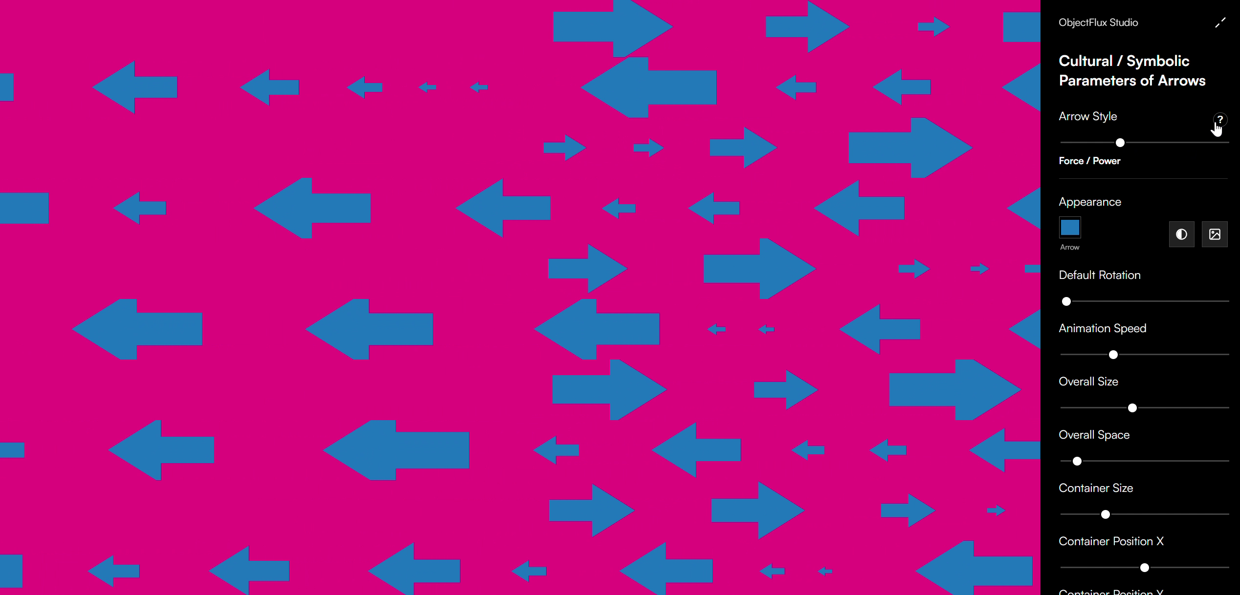 "Cultural Symbolic Parameters of Arrows" is an interactive generative art studio by ObjectFlux. Customize 30 symbolic arrow styles, dynamic layouts, and animations, then export your unique creations as PNG, SVG, or standalone HTML.