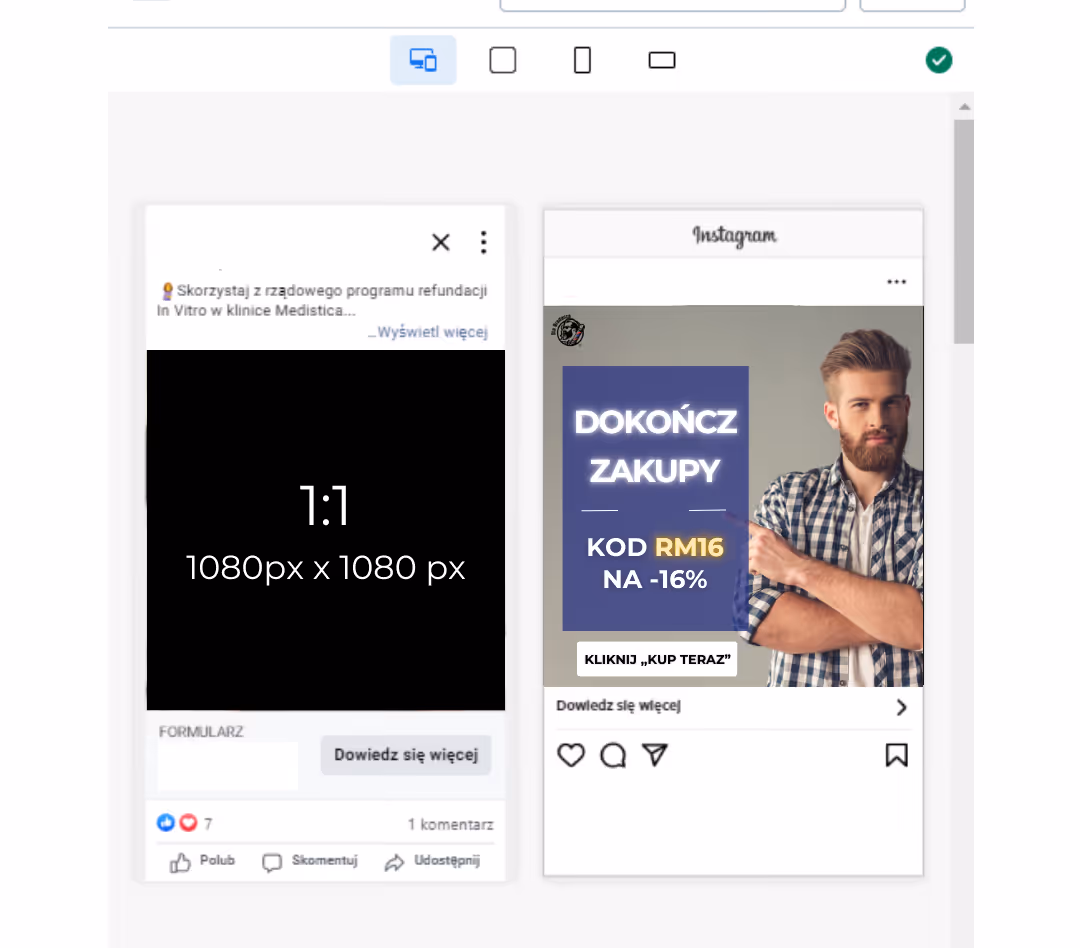 Zrzut ekranu pokazujący dwa posty w mediach społecznościowych; po lewej reklama programu refundacji In Vitro, po prawej Instagram z mężczyzną promującym kod rabatowy RM16 na 16% zniżki.