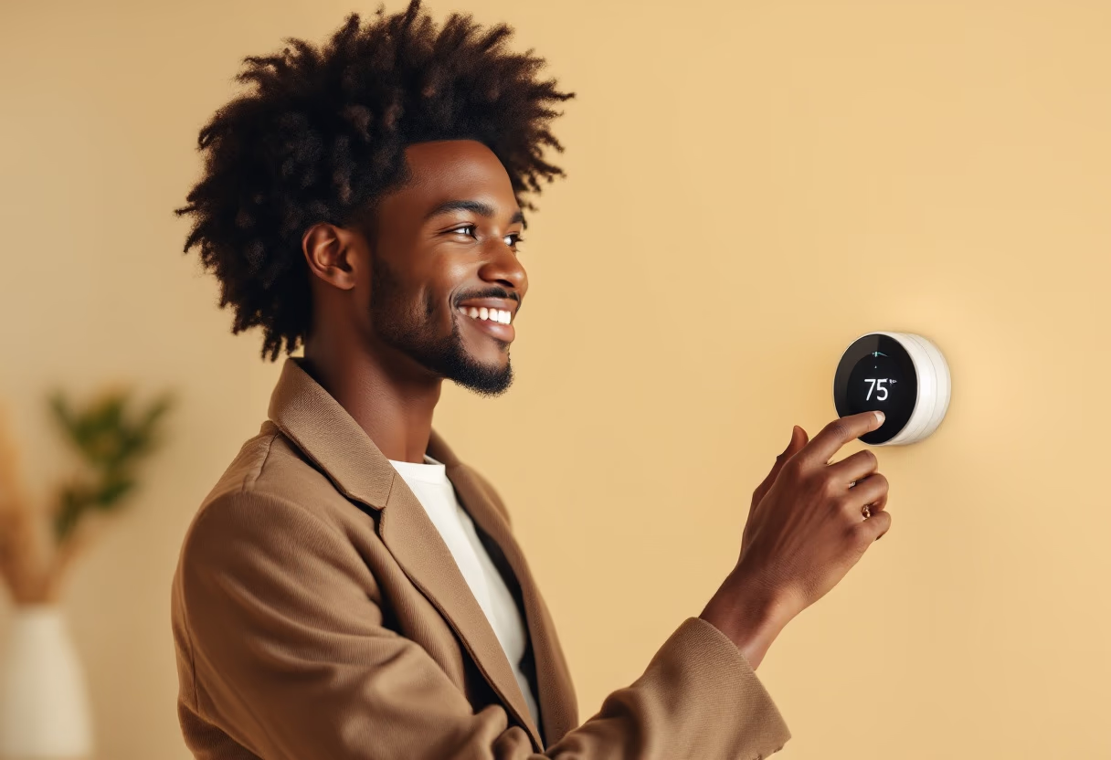 image of a person adjusting a smart thermostat on a wall