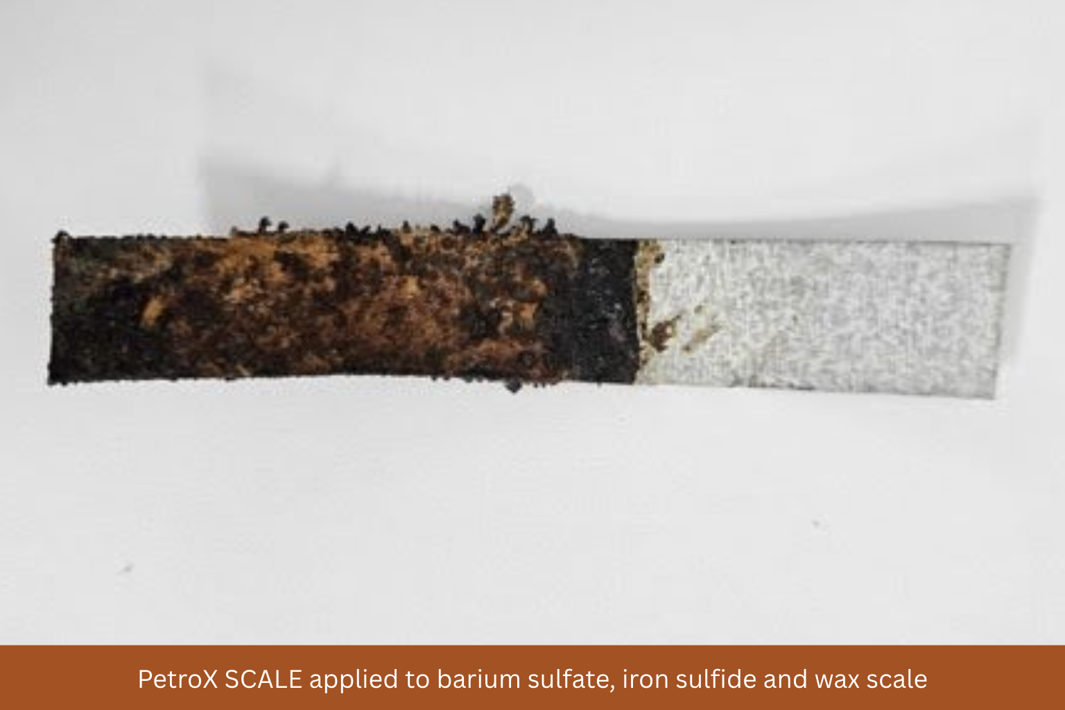 Before and after application of PetroX scale to stainless steel