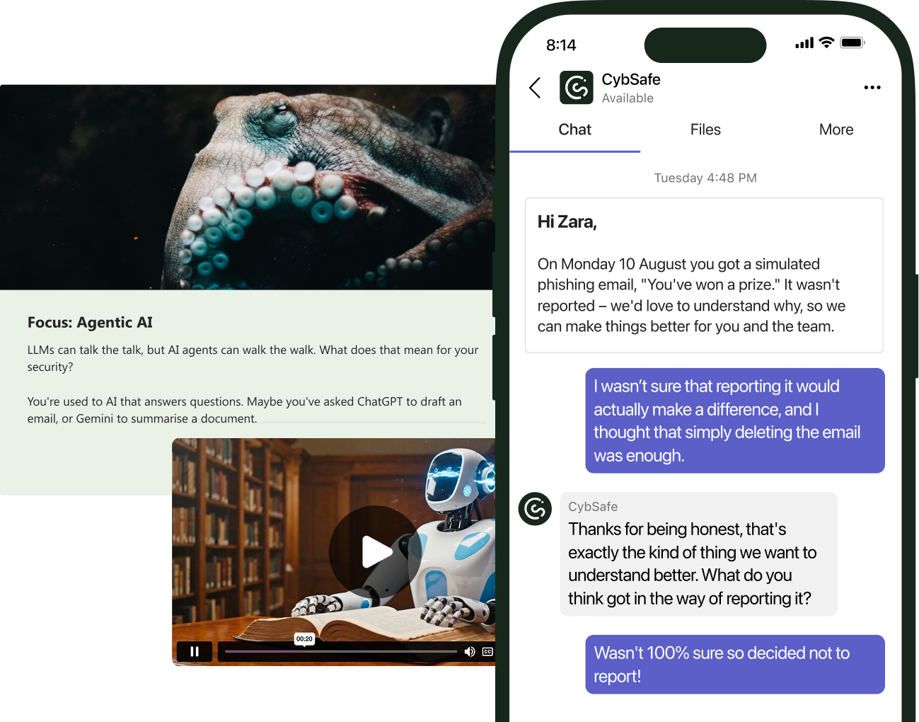 CybSafe chat asking a person why they didn't report a simulated phishing email, next to a short learning module on agentic AI