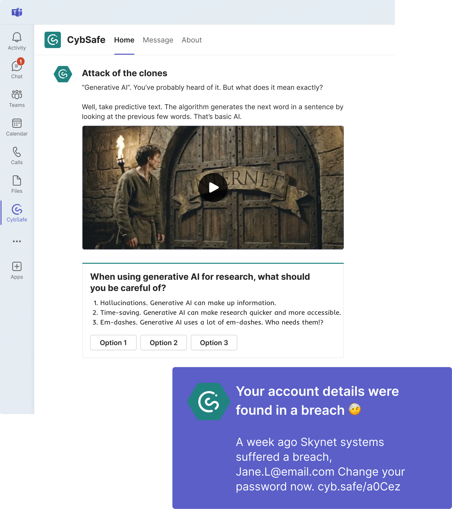 CybSafe in Microsoft Teams, showing a security learning message and a nudge alerting a user that their account details were found in a breach