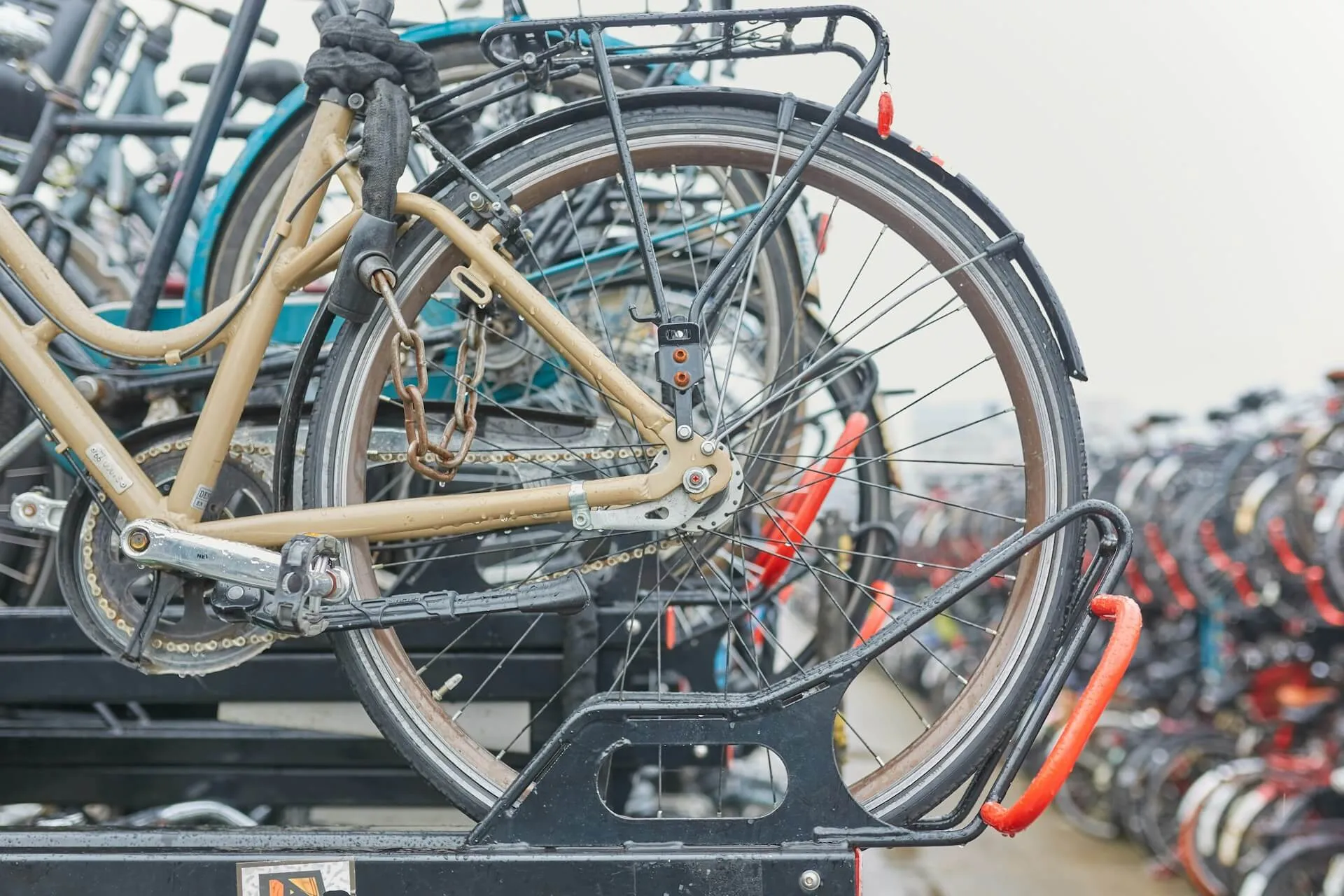Close-up of a beige bicycle locked on a multi-level bike rack with other bicycles blurred in the background.