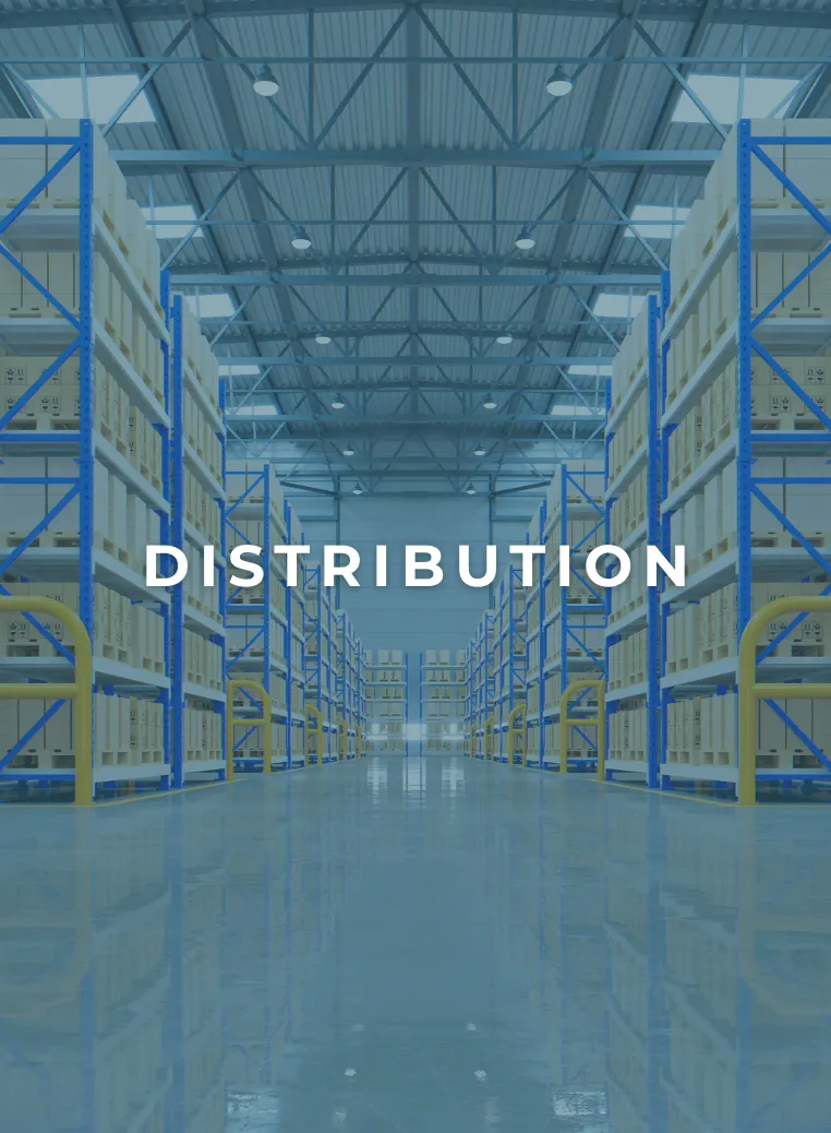 Interior of a large, organized warehouse with rows of tall shelves filled with boxes, and the word 'DISTRIBUTION' overlaid in the center.
