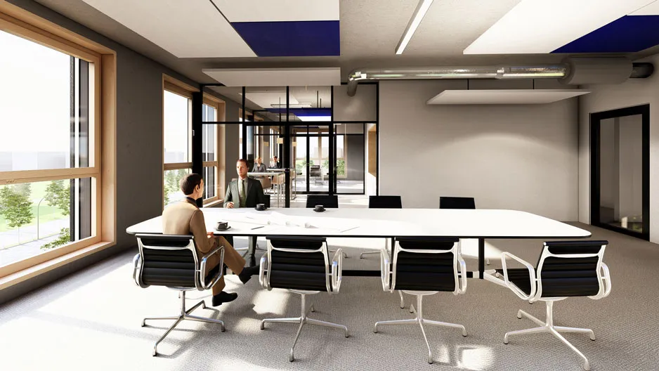 Konferenzraum mit langer Tafel, Bildschirmen und Feies-Campus-Logo.