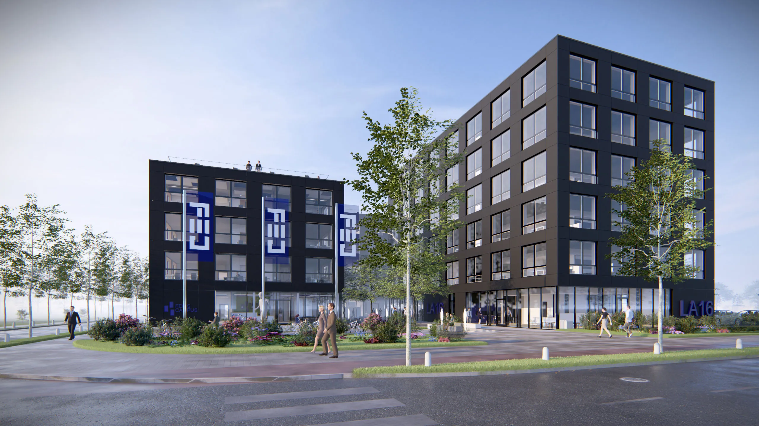 Feies Campus: moderne schwarze Bürogebäude mit Glas, Logo-Fahnen und Grünflächen im Nordpark, Passanten im Vordergrund.