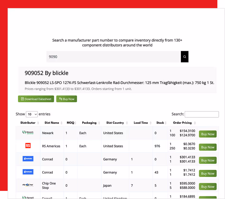 Instantly search 40M+ components across 130+ trusted sources — searchable by spec, part number, or brand.