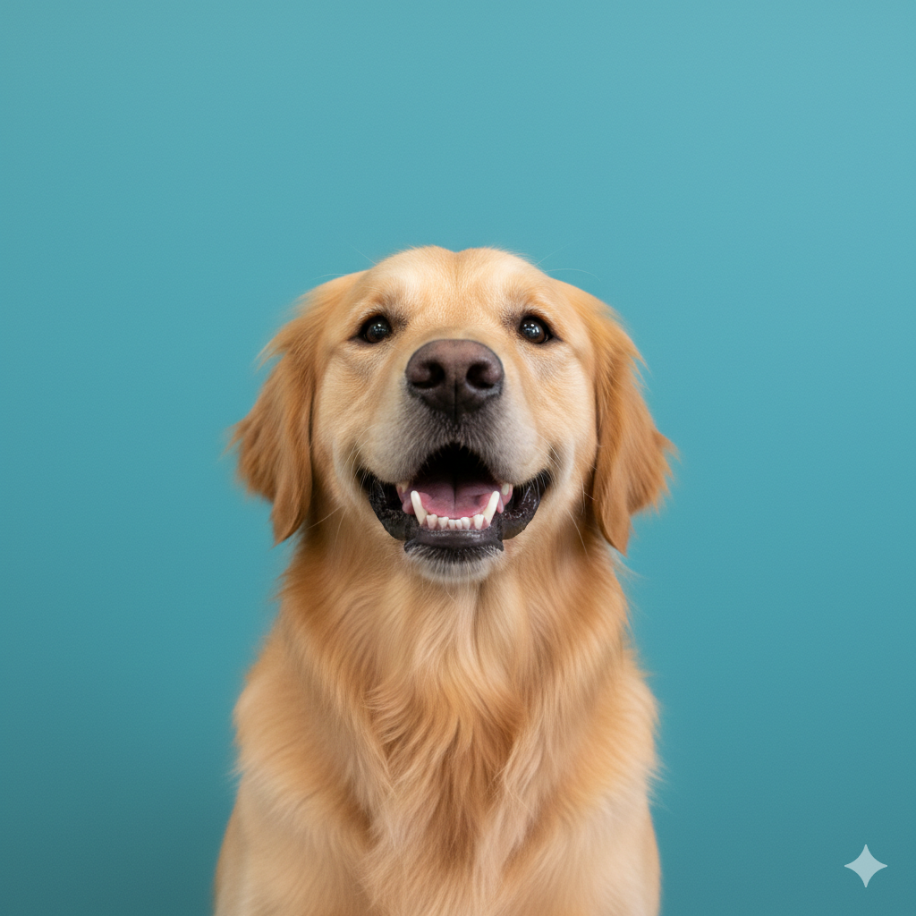 A close-up of a happy dog with clean white teeth, emphasizing professional oral care.