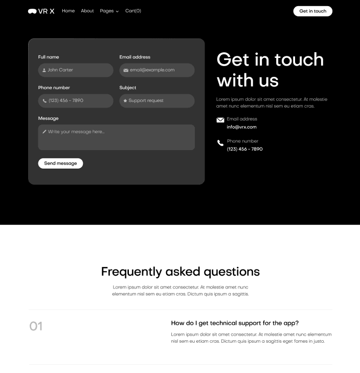 VR X - Contact V1 Main Page - VR Productivity App Webflow Template