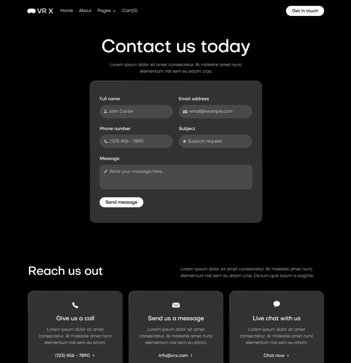 VR X - Contact V3 Main Page - VR Productivity App Webflow Template