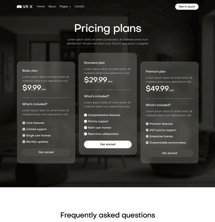 VR X - Pricing Main Page - VR Productivity App Webflow Template
