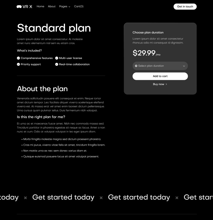 VR X - Pricing Single Main Page - VR Productivity App Webflow Template