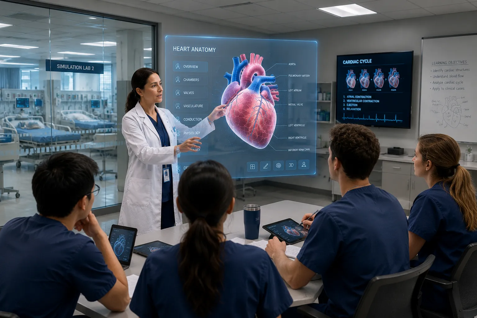 Next Reality Digital healthcare simulation using extended reality, with medical students studying a 3D heart anatomy visualization during a clinical training session.