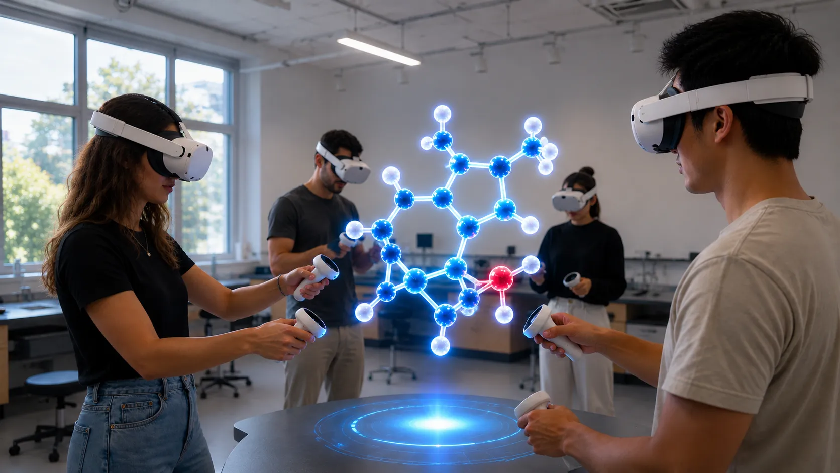 Next Reality Digital education experience using extended reality, with students exploring an interactive 3D molecular model in a virtual learning environment.