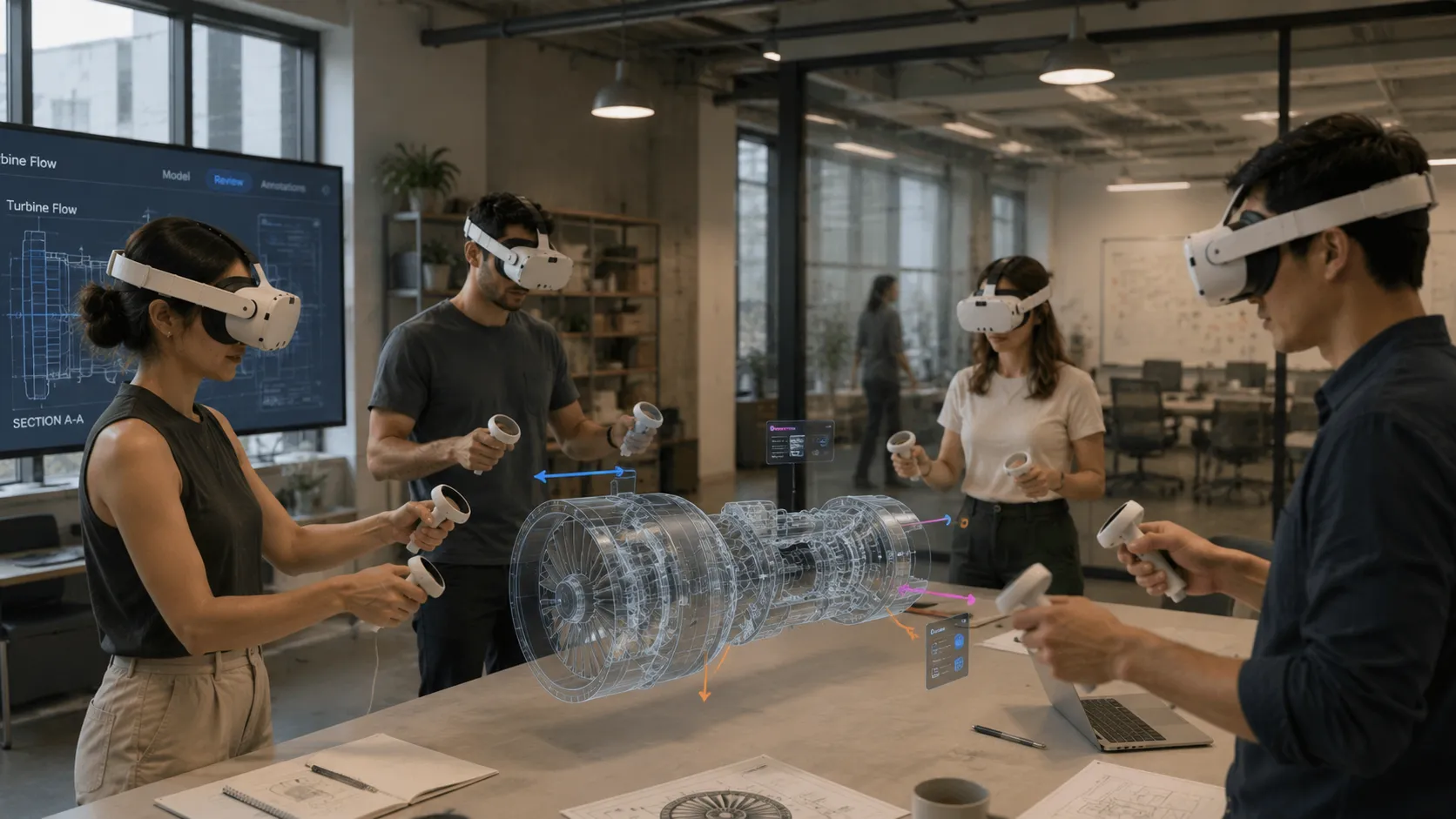 Next Reality Digital enterprise R&D using extended reality, with a team collaboratively examining an interactive 3D turbine model in a virtual engineering environment.