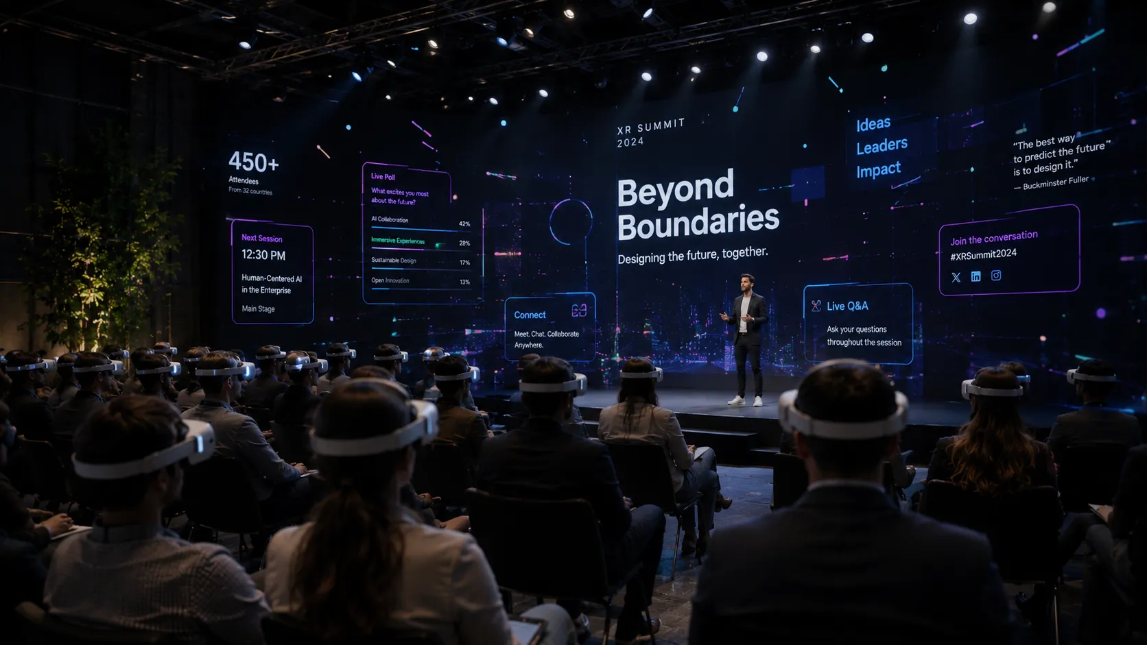 Next Reality Digital XR Summit 2024, showing a live extended reality event with an audience wearing XR headsets and a speaker presenting on stage under the theme “Beyond Boundaries.”