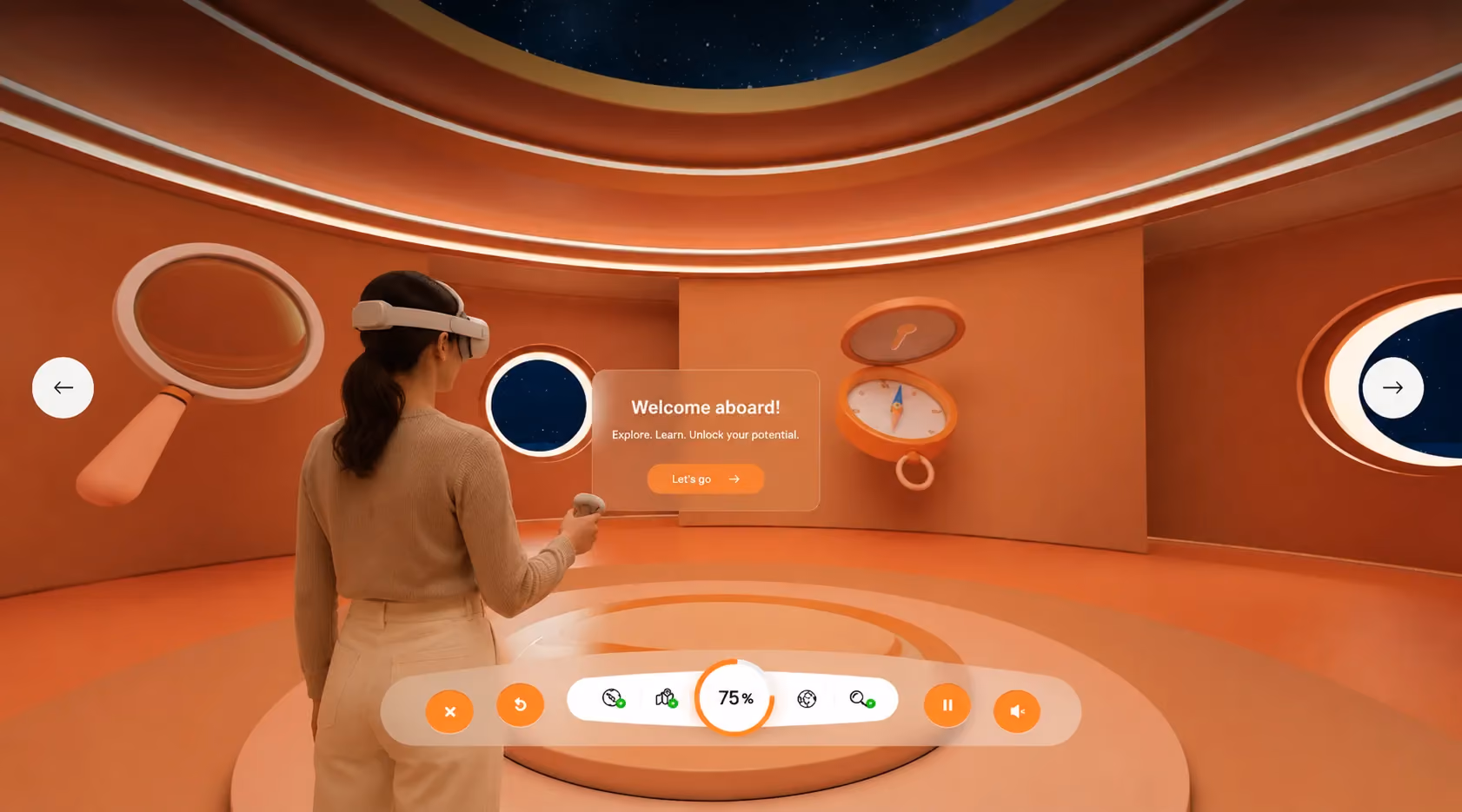 Next Reality Digital brand activation for Itaú Bank, featuring an immersive XR experience where a user explores a virtual environment using a VR headset and controllers.