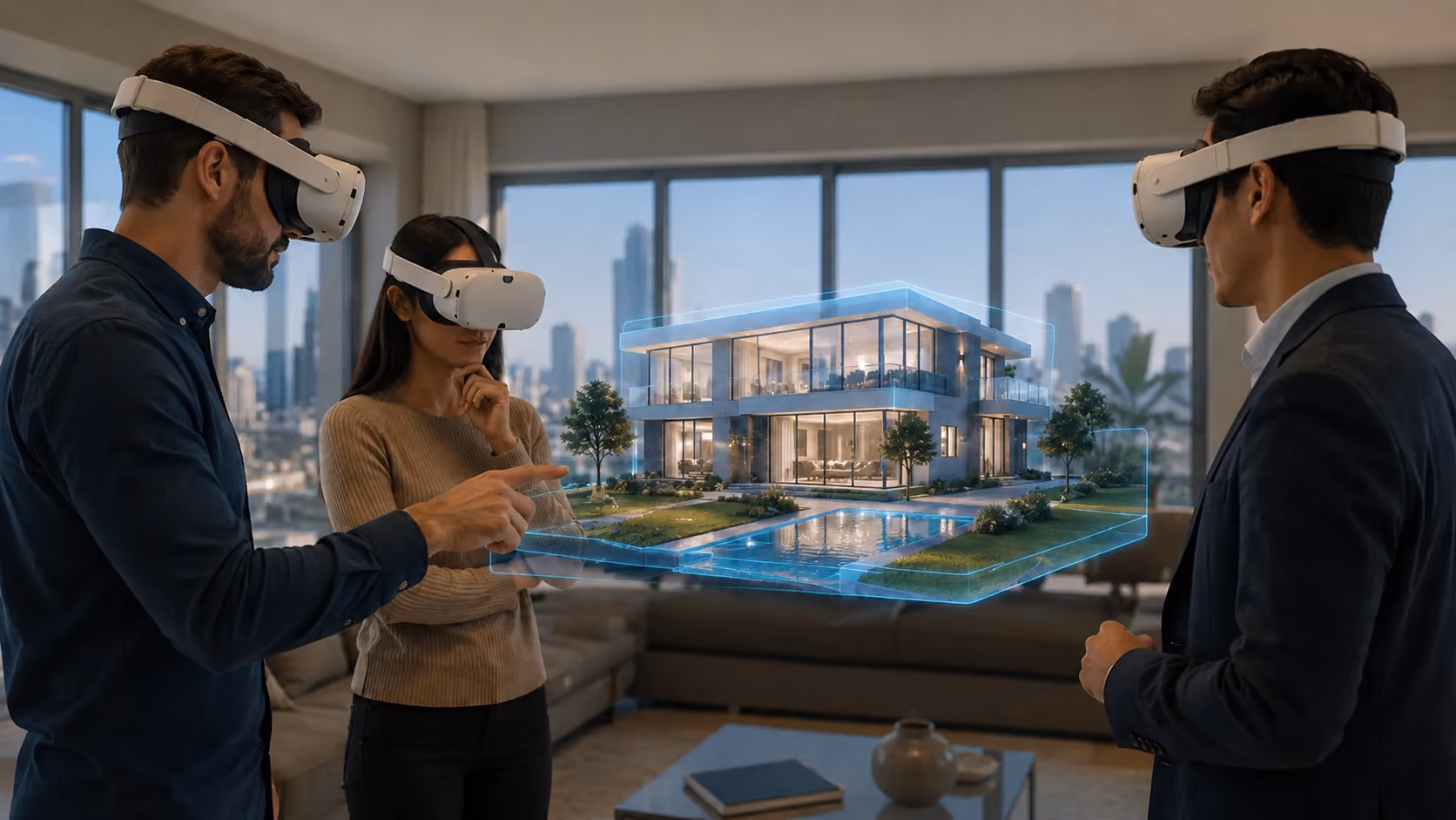 Next Reality Digital real estate XR experience, showing three people using virtual reality headsets to explore an interactive 3D visualization of a modern luxury home and property.