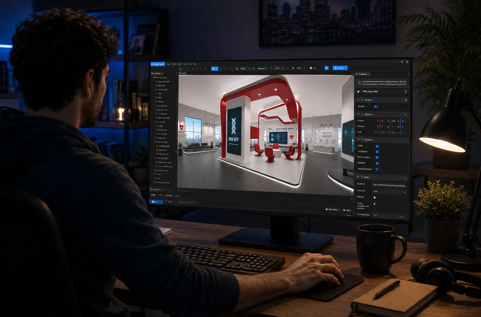 Next Reality Digital healthcare experience development, showing a designer creating an interactive 3D medical environment for a digital experience.