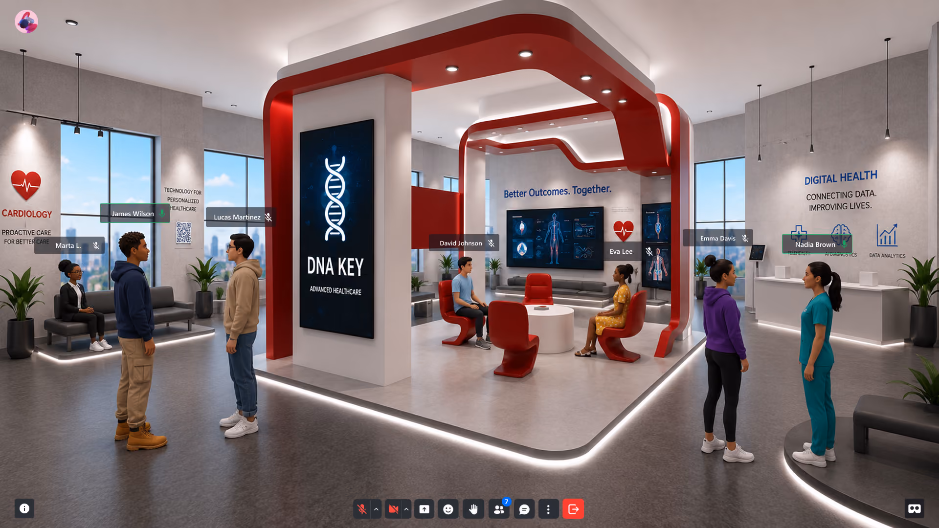 Modern healthcare lobby with DNA-themed digital displays and people conversing in pairs and groups.