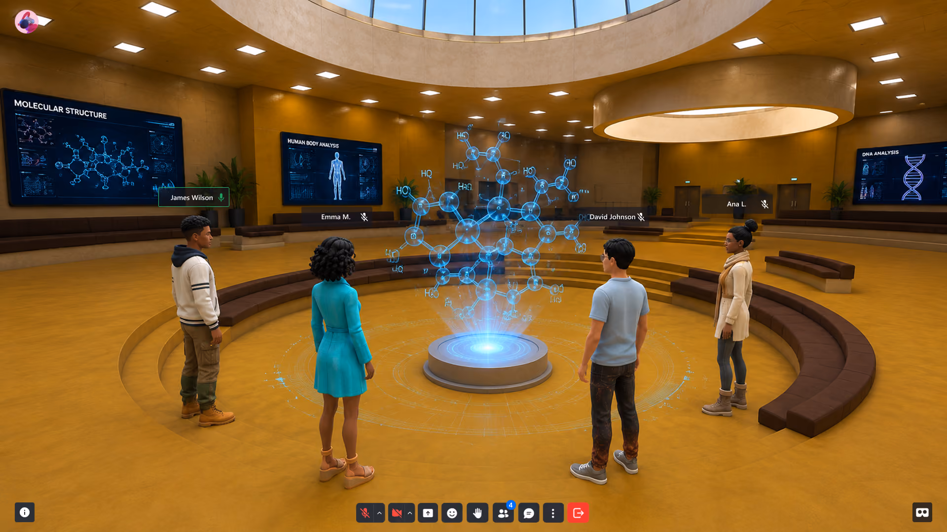 People in a circular room observe a glowing molecular structure hologram at the center.