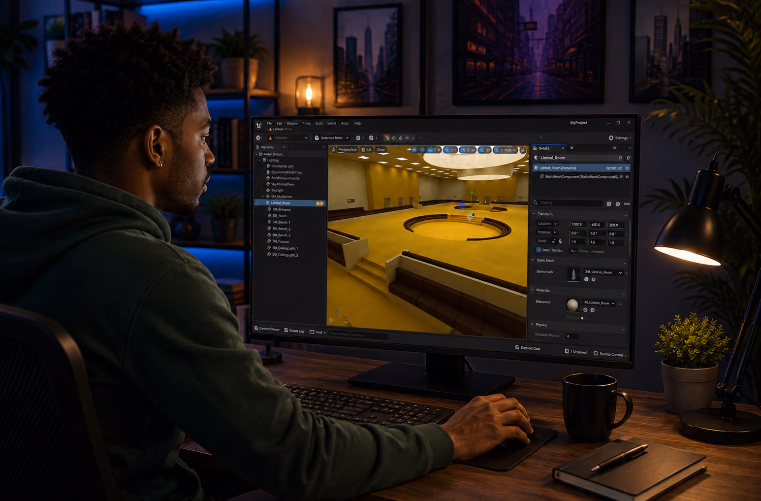 Next Reality Digital 3D environment development, showing a designer working in Unreal Engine on an immersive virtual healthcare space.