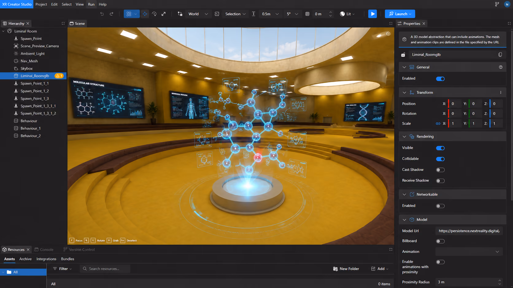 Next Reality Digital XR Creator Studio showing an interactive 3D educational environment with a molecular structure visualization and digital health information panels.