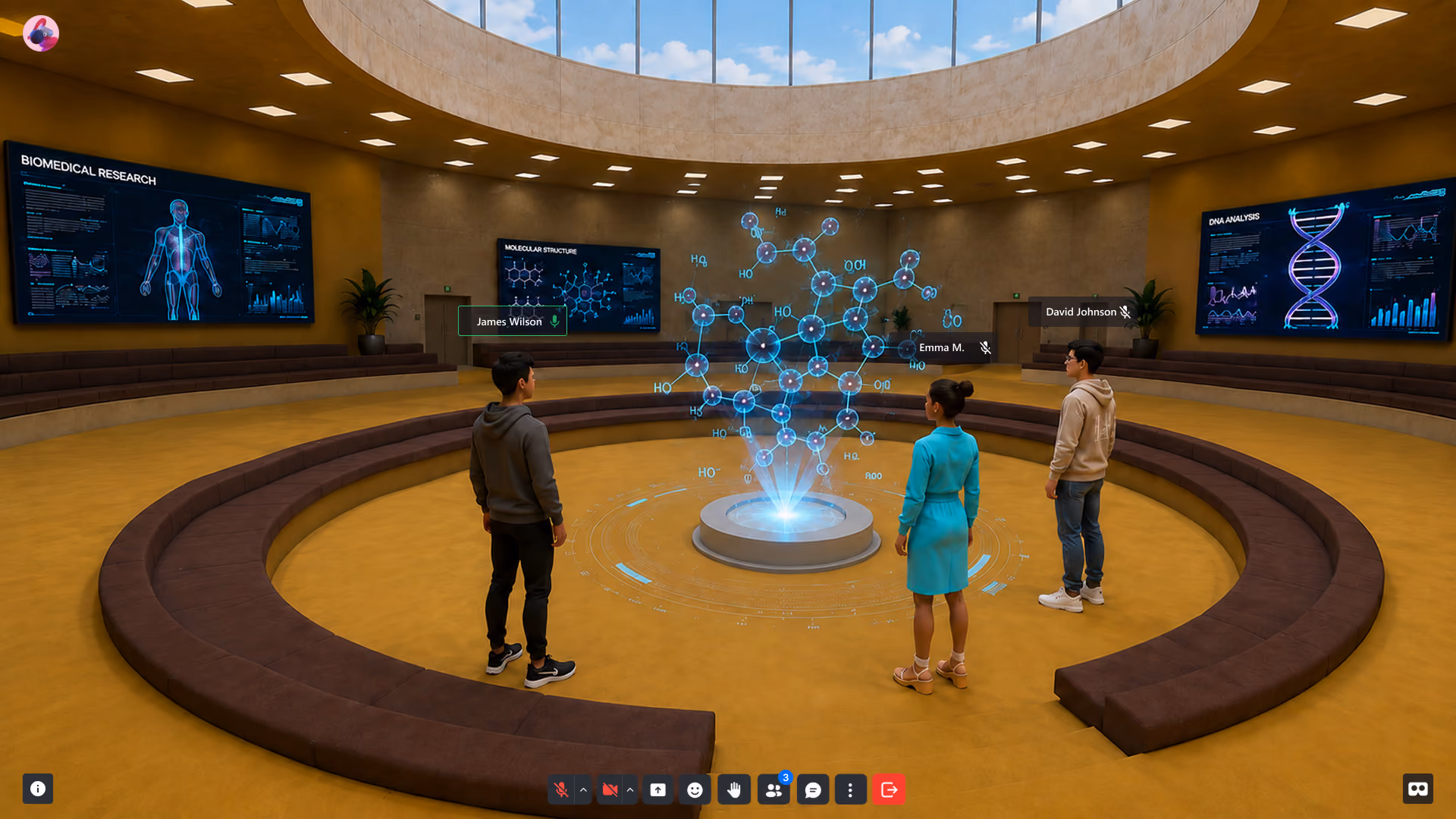 Next Reality Digital educational verse, showing users exploring an immersive 3D environment with interactive molecular, biomedical research, and DNA analysis visualizations.