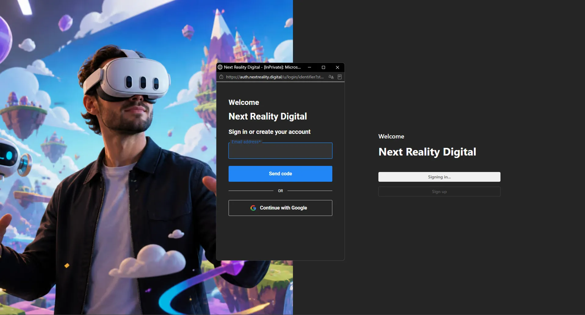 Next Reality Digital virtual reality platform login interface, showing a user wearing a VR headset alongside the Next Reality Digital sign-in screen and immersive virtual environment.