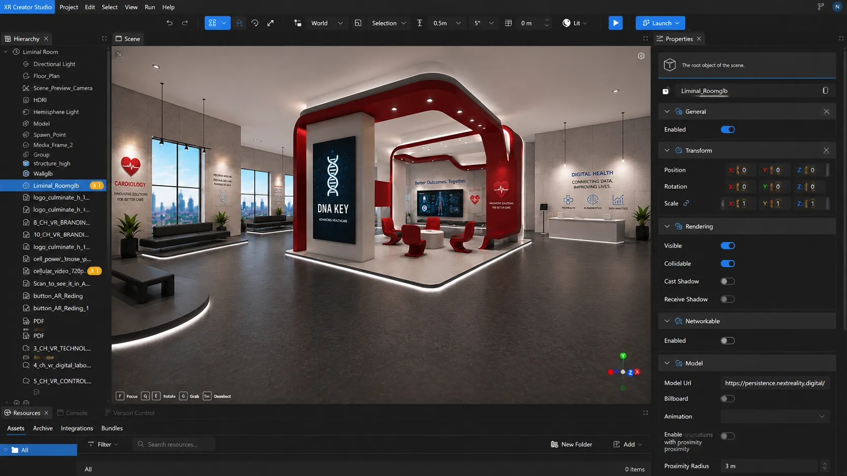 Next Reality Digital XR Creator Studio showing a 3D healthcare environment featuring cardiology, DNA technology, personalized healthcare, and digital health displays.