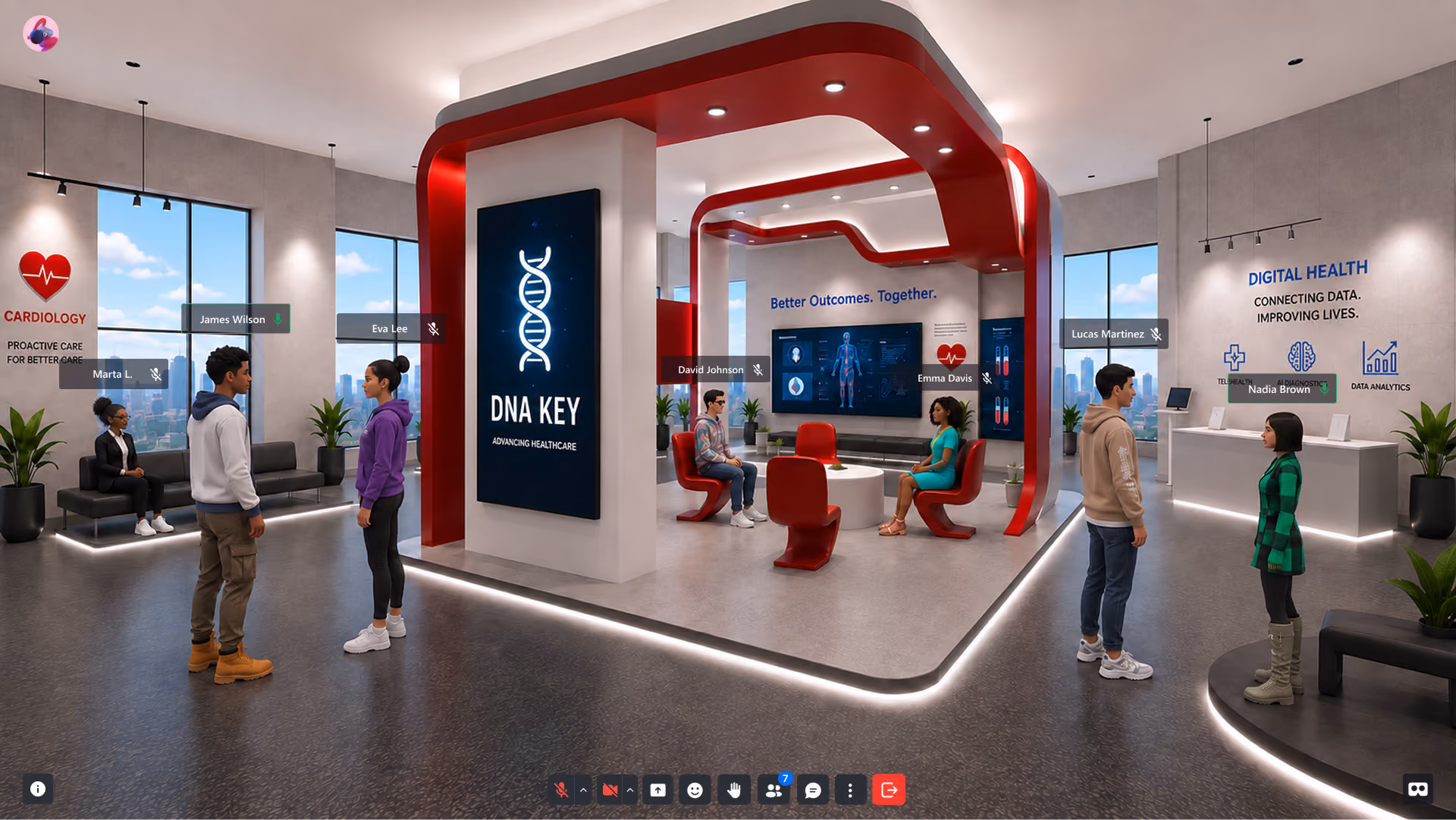 Modern healthcare center with red chairs, digital screens, and people discussing cardiology and digital health.