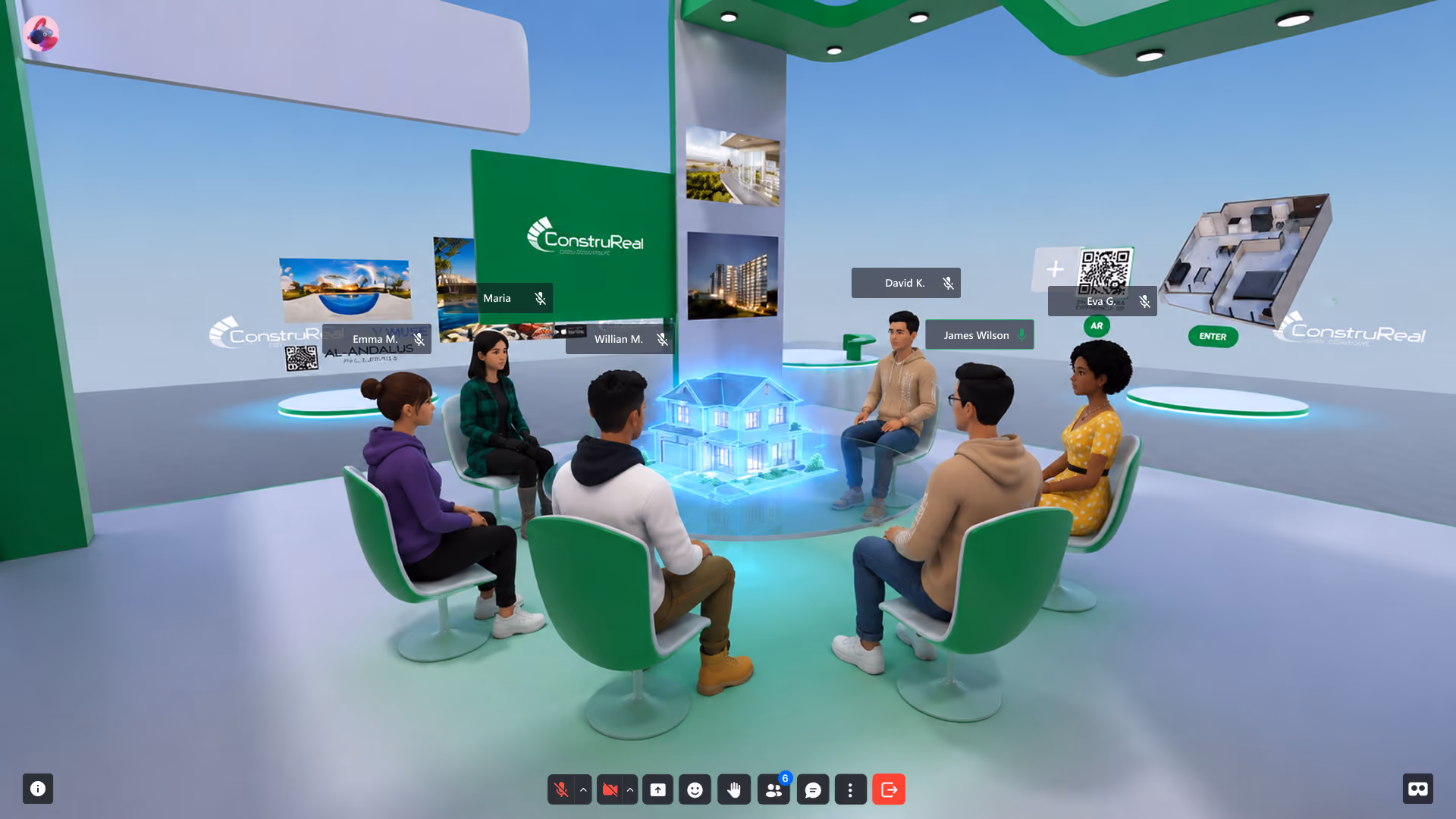 Six people sitting in a circle around a holographic model of a house in a virtual real estate space.