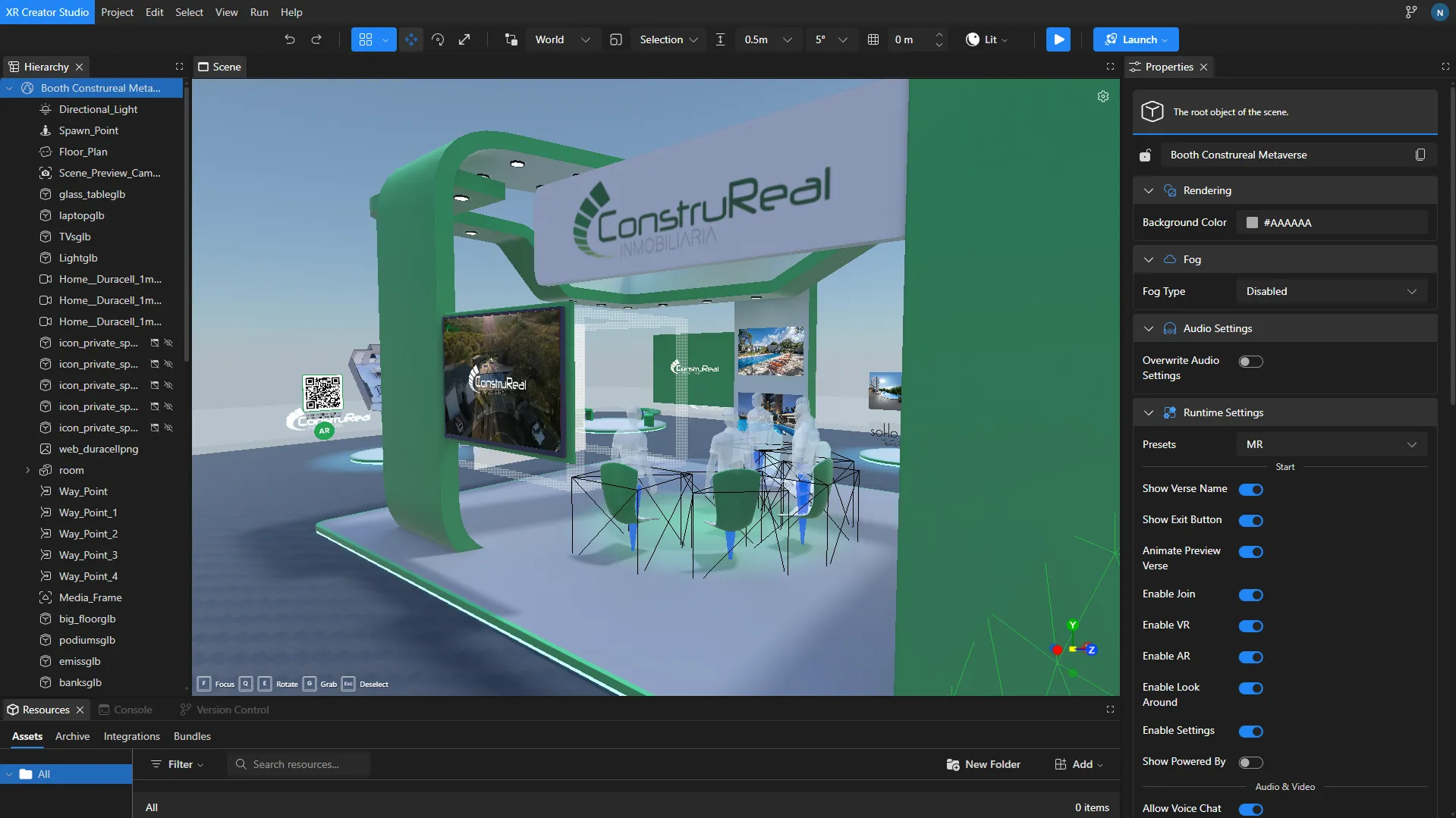Next Reality Digital XR Creator Studio showing the development of a ConstruReal real estate metaverse booth with interactive VR and AR features.