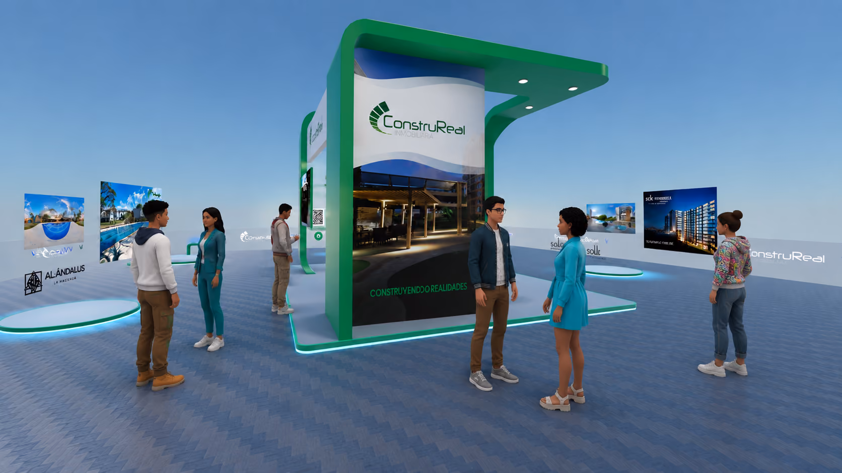Digital exhibition booth with ConstruReal branding and six people conversing and viewing displays.