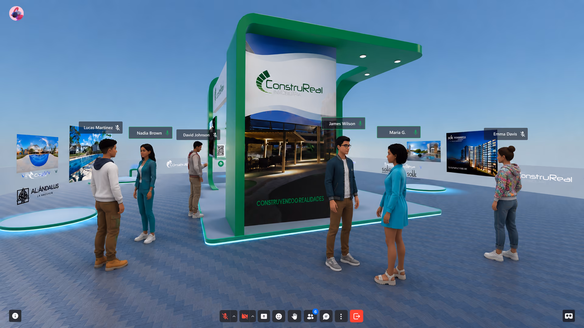 Digital exhibition booth with ConstruReal branding and six people conversing and viewing displays.