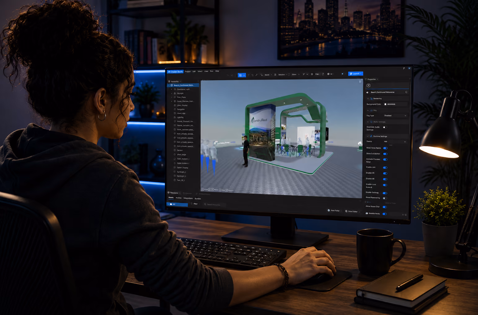 Person working on 3D architectural design of a modern structure on a computer at night.