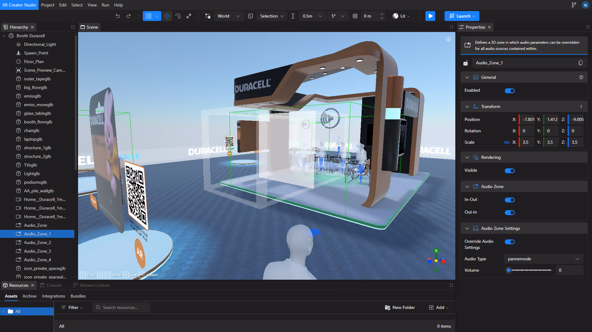 Next Reality Digital XR Creator Studio showing the development of a Duracell branded metaverse booth with interactive 3D elements, QR code, and AR features.