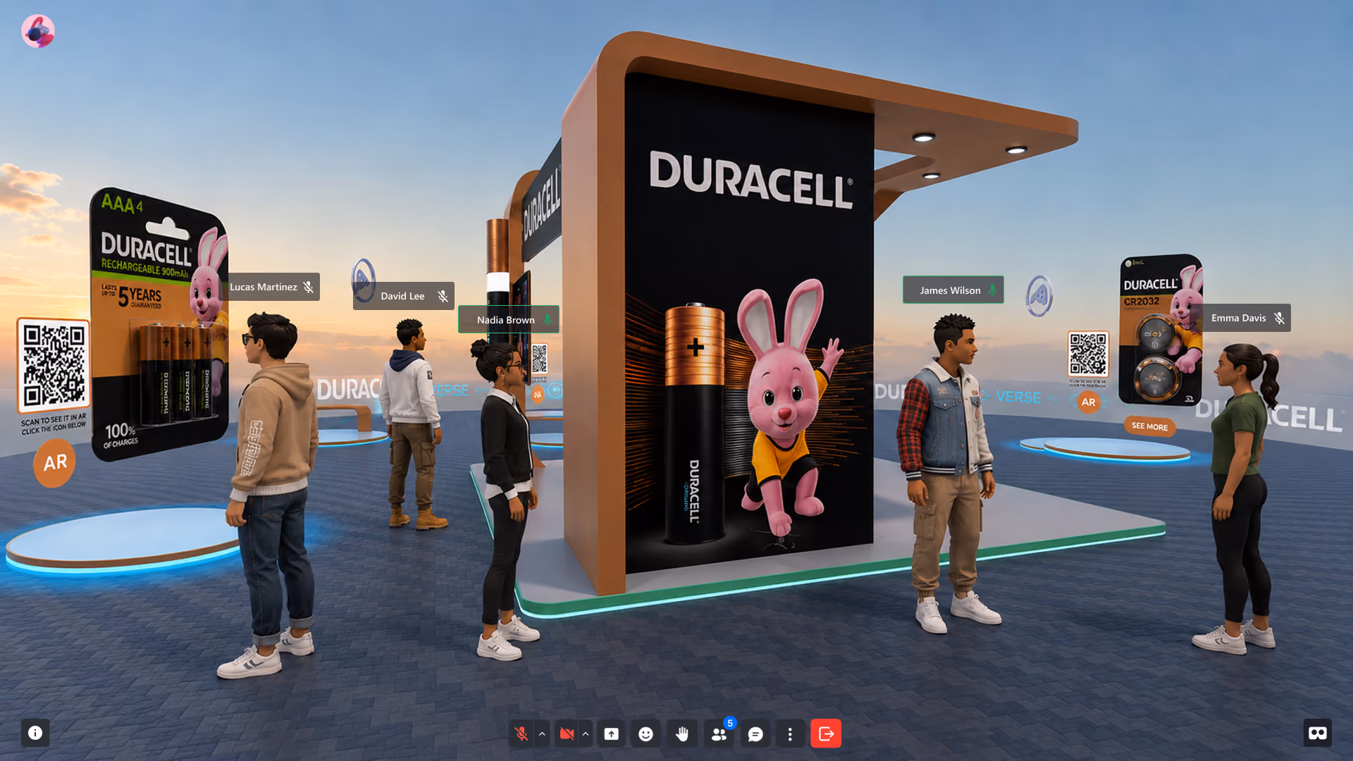 Virtual Duracell branded space with digital batteries and bunny mascot, and six avatar people inside.