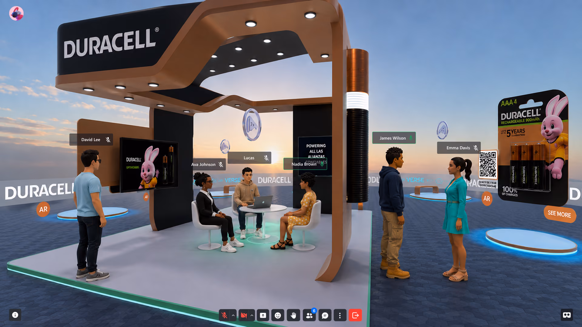 Virtual Duracell booth with six avatars, a large battery display, and Duracell Bunny on screens.