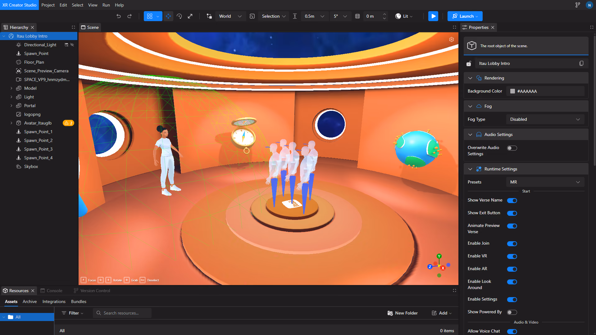 Next Reality Digital XR Creator Studio showing the development of an Itaú branded immersive virtual lobby with avatars and interactive 3D elements.