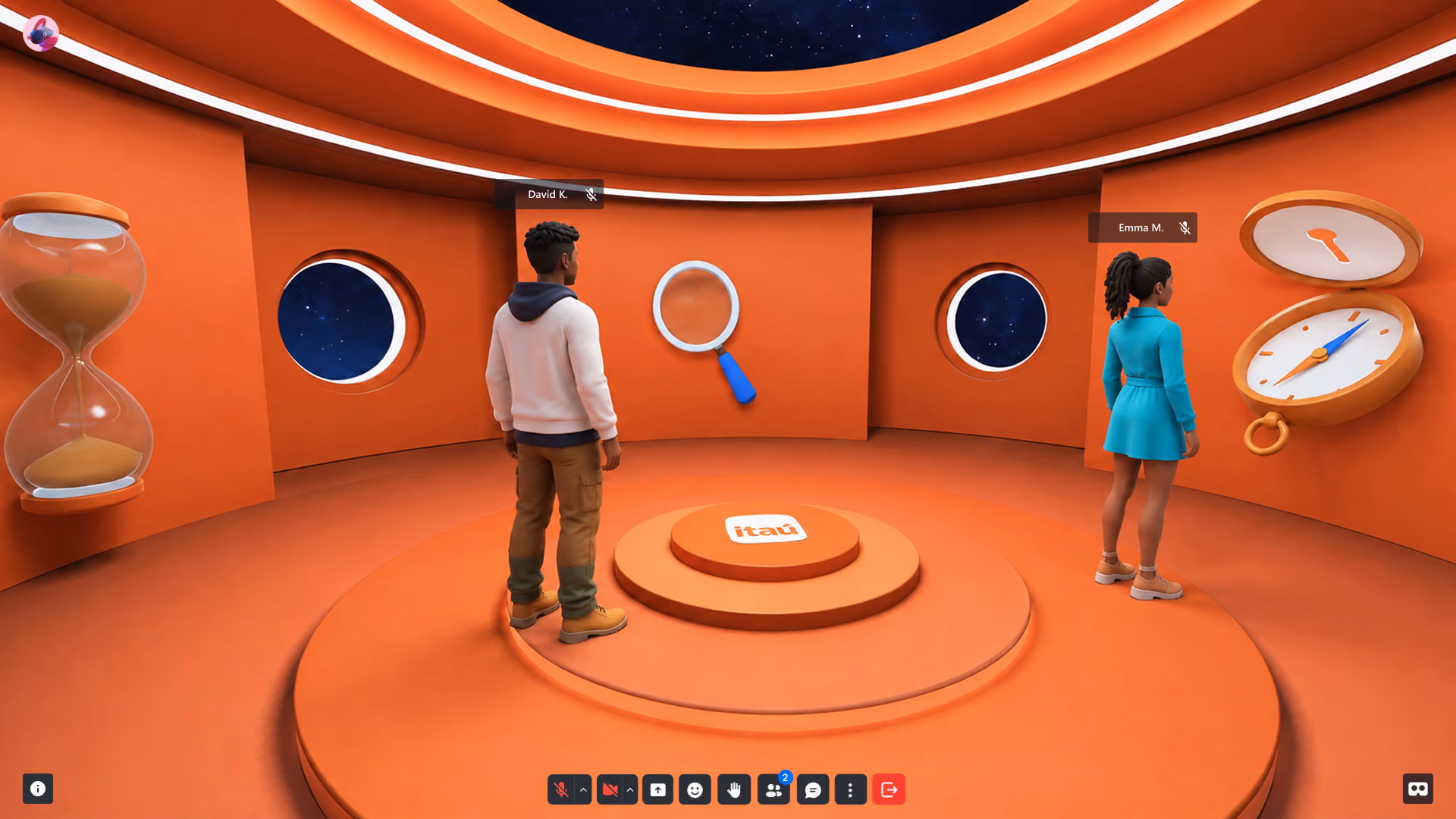 Two people stand in orange room with hourglass, magnifying glass, and pocket watch on walls.