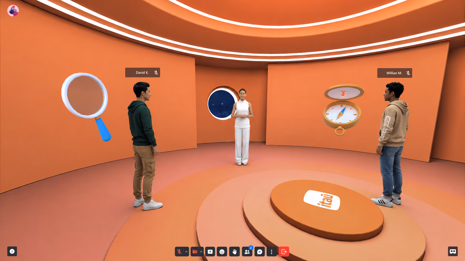 Three people standing in a circular orange room with magnifying glass and compass icons on walls.